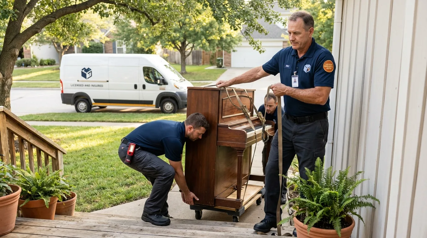 Licensed piano movers securing grand piano in Plainfield, IL